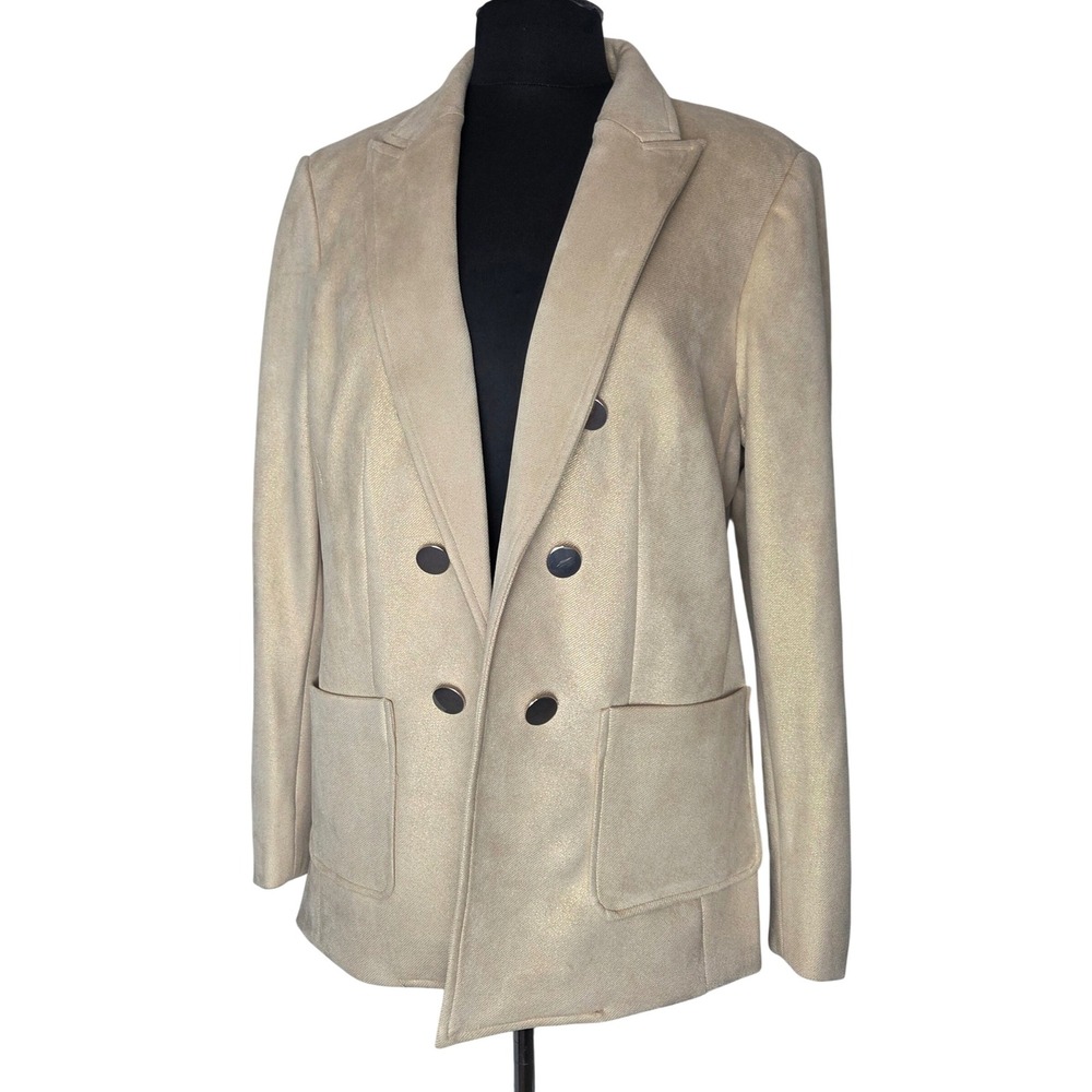 T Tahari Women's Metallic Faux Suede‎ Open Front Blazer Jacket Champagne Gold XL